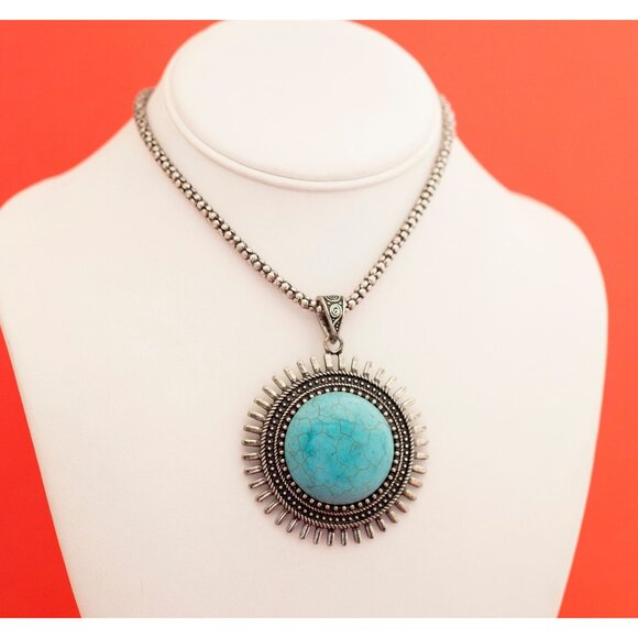 Mandala Silver and Teal Rays Necklace 23 Inches F18 - Picture 2 of 3